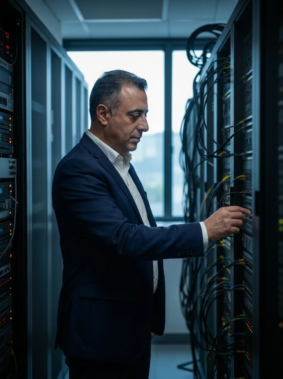 Rubén Toriel, de Bootable Computación, trabajando en un rack de servidores